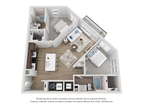 Floor plan for 2 beds, 2 baths, 1021 sqft